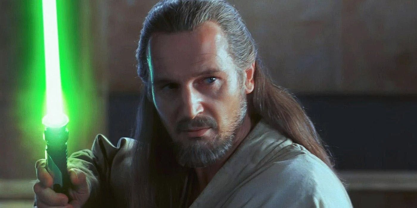 Qui-Gon Jinn with his green lightsaber in Star Wars: The Phantom Menace