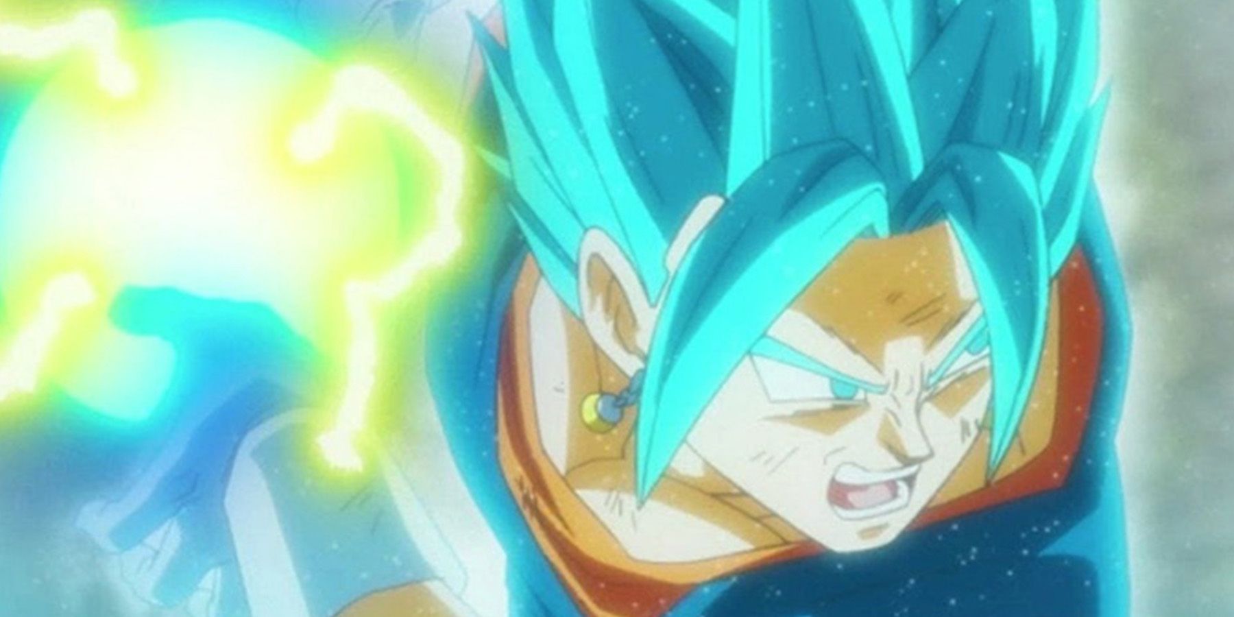 Super Saiyan Blue Vegito libera um grande ataque de energia em Dragon Ball Super.