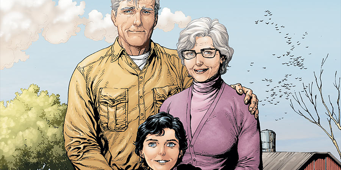 An image of Ma Kent, Pa Kent, and young Clark Kent aka Superman
