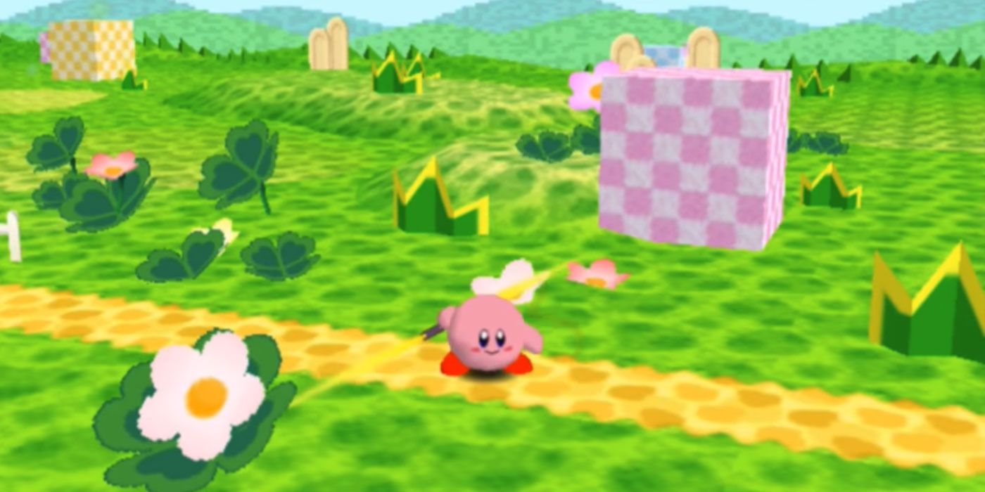 Kirby walks down a path in Nintendo's Kirby 64: The Crystal Shards