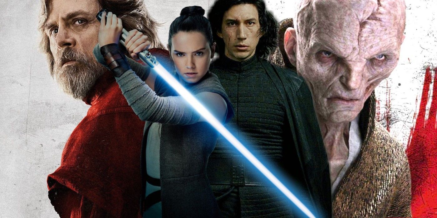 Rey and Kylo Ren posing in front of Luke Skywalker and Snoke in The Last Jedi