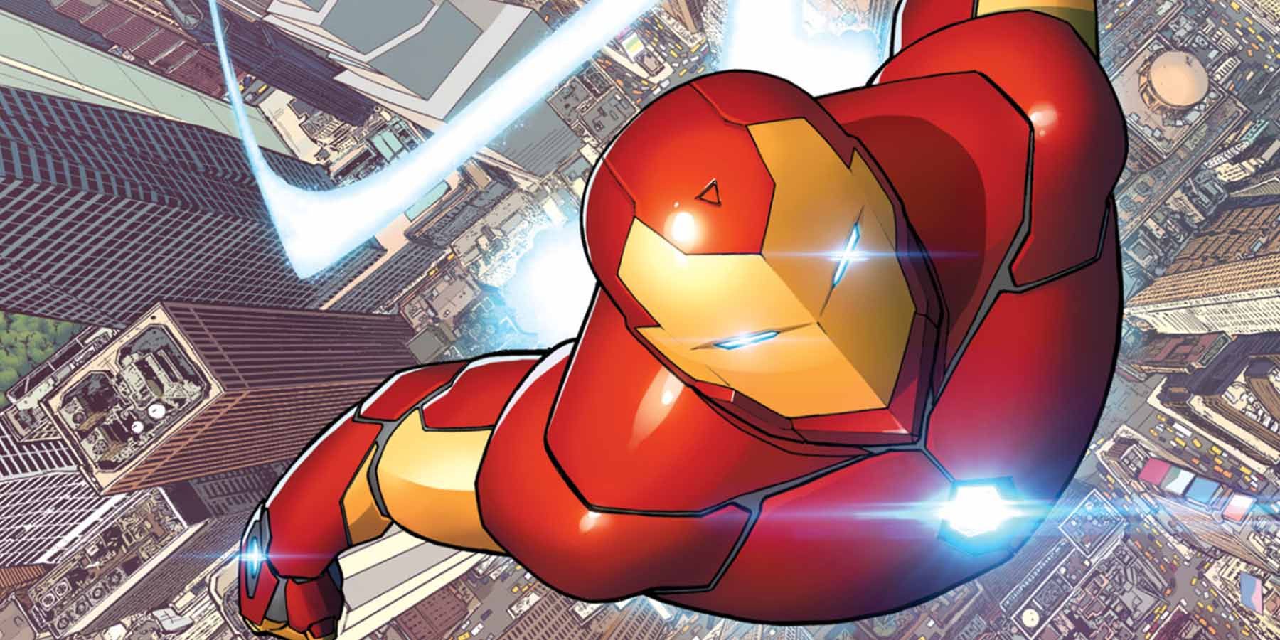 Iron Man flying in the city in The Invincible Iron Man comics