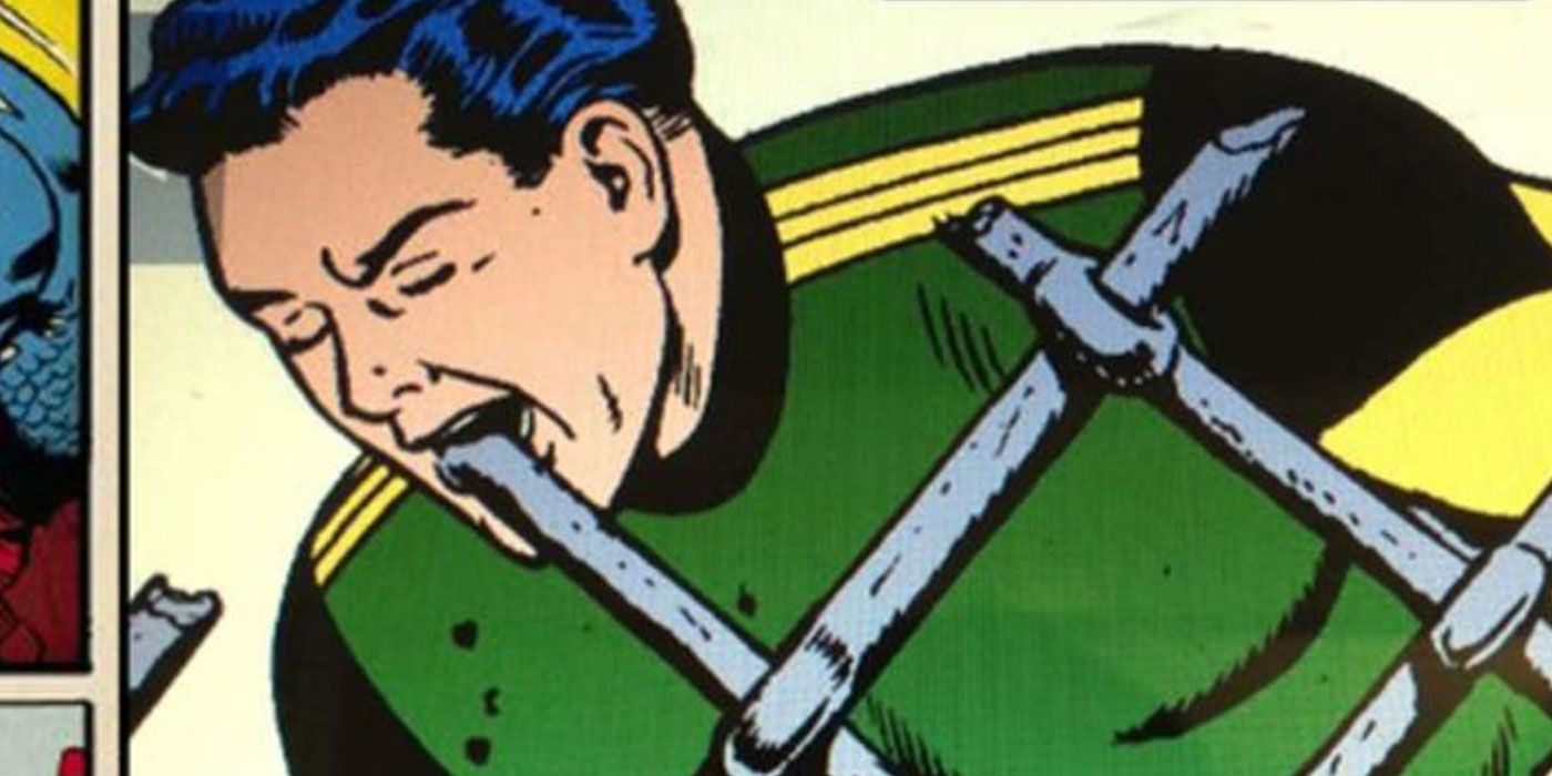 Comic book panel of Matter Eater Lad eating a fence.