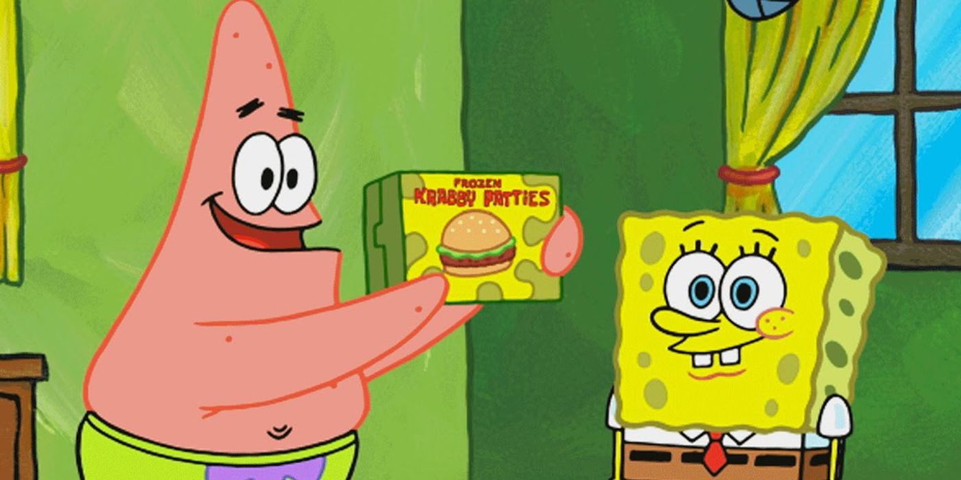 Patrick offers SpongeBob a box of Krabby Patties.