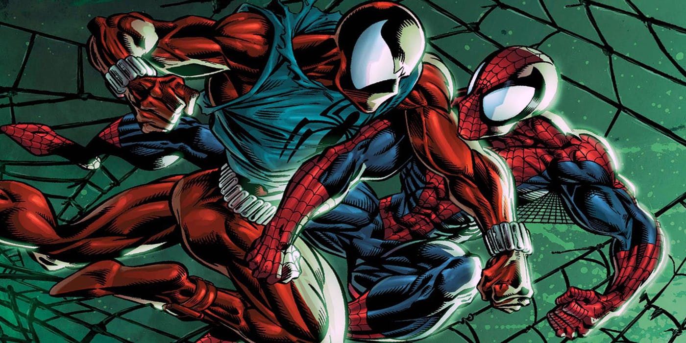 Marvel Comics' Scarlet Spider and Spider-Man fighting it out
