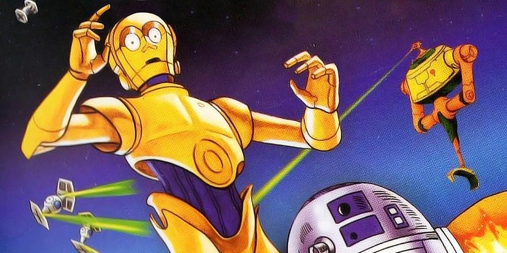 C-3PO and R2-D2 dodging lasers in Star Wars Droids