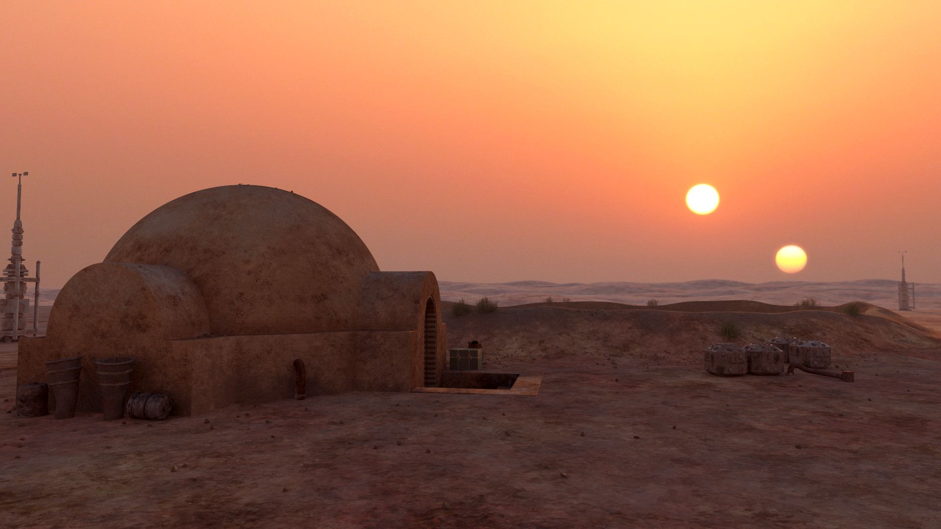 Tatooine's double suns set over a moisture farm