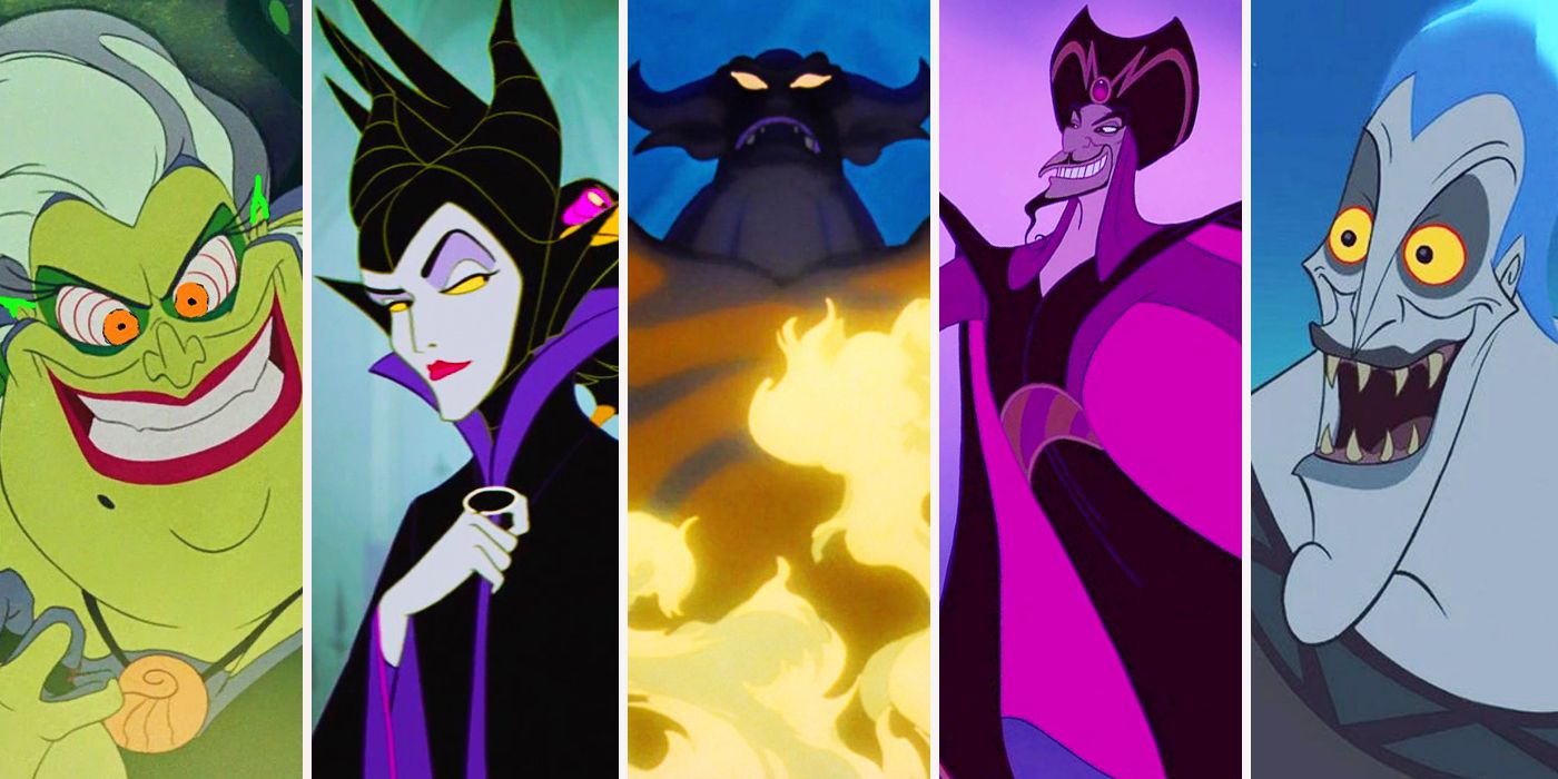 Image collage of Disney villains including Ursula, Maleficent, Jafar, and Hades