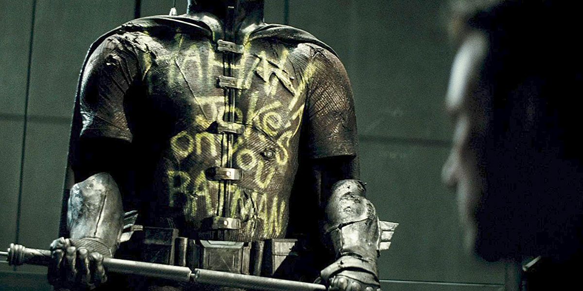 A Robin costume with "Ha ha Joke's on you Batman" spray painted across the chest in Batman v Superman