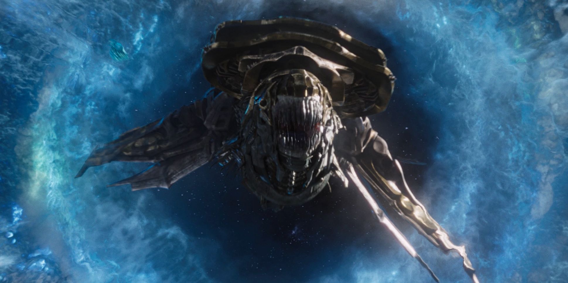 A Chitauri Leviathan flying through the Tesseract's space portal