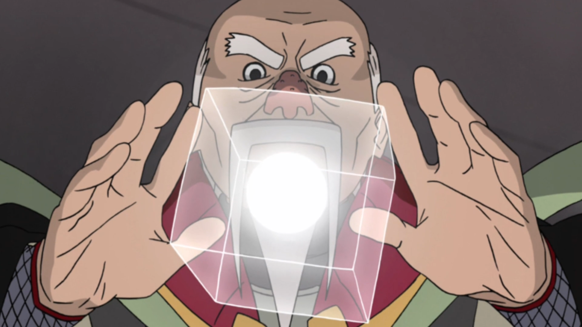 Ohnoki, the Third Tsuchikage, preparing to use his Particle Dismantling Jutsu in Naruto: Shippuden