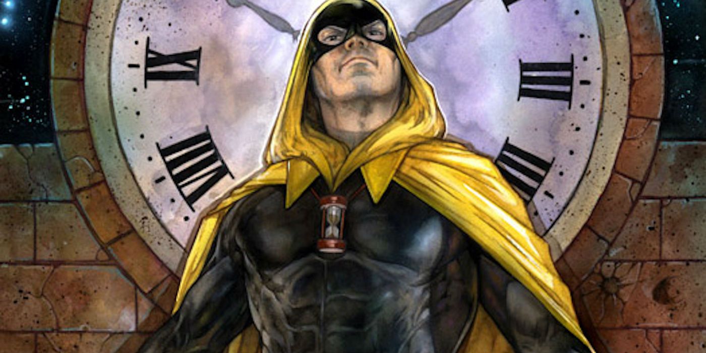 Rex Tyler as Hourman in front of a clock
