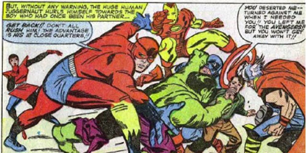 A Marvel comic panel featuring Hulk versus Fantastic Four Avengers.