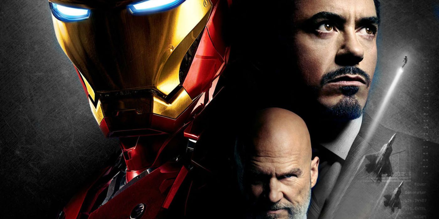 Original poster for 2008's Iron Man with Iron Man, Tony Stark, and Obadiah Stane
