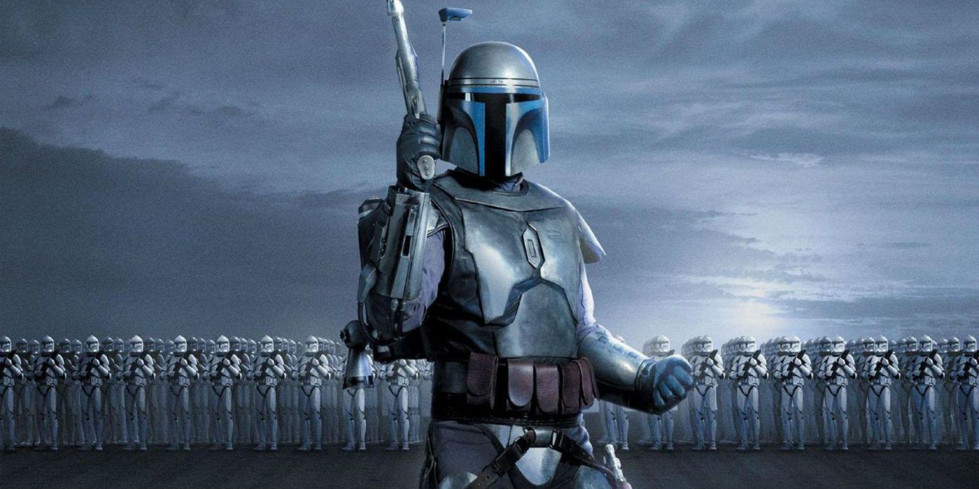 Jango Fett backed by an army of clones in Star Wars