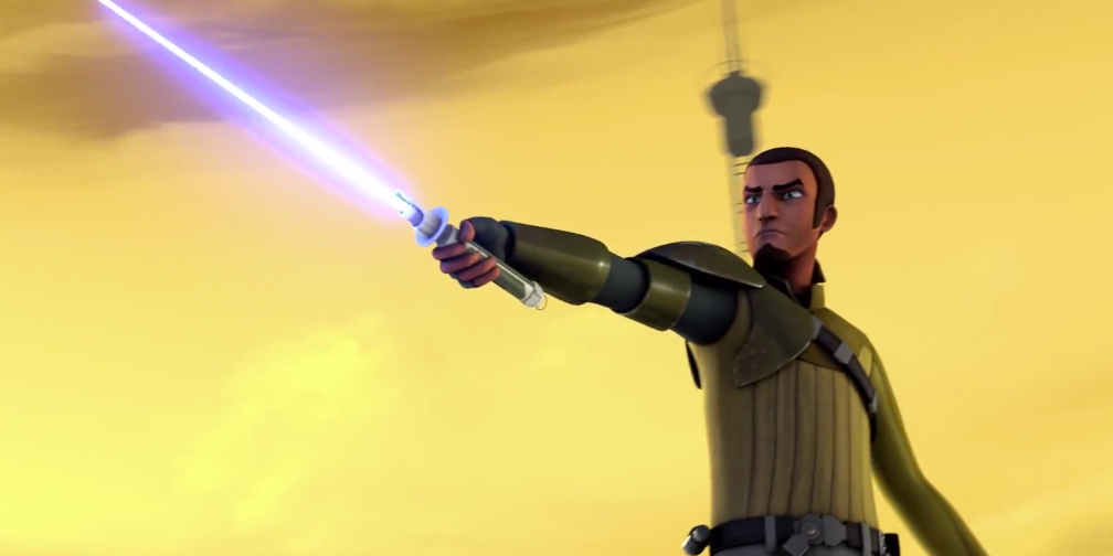 Kanan Jarrus points a lightsaber out in front of him