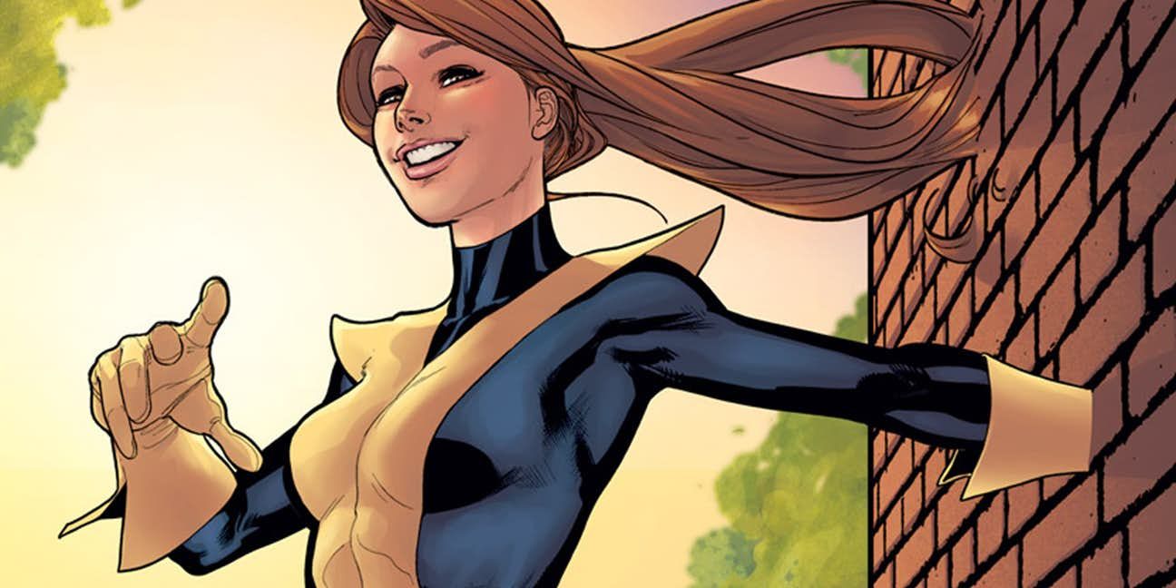 Kitty Pryde in X-Men suit, phasing through a wall, by artist David Marquez