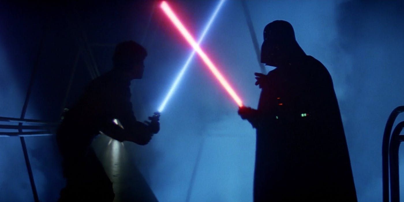 Luke Skywalker and Darth Vader lightsaber duel in Star Wars Empire Strikes Back