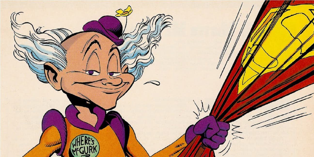 Mr. Mxyzptlk grinning and tugging on Superman's cape in DC Comics