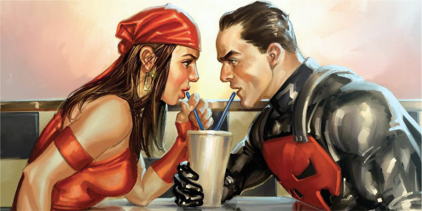 Elektra and Punisher drinking from one milkshake in Marvel Comics