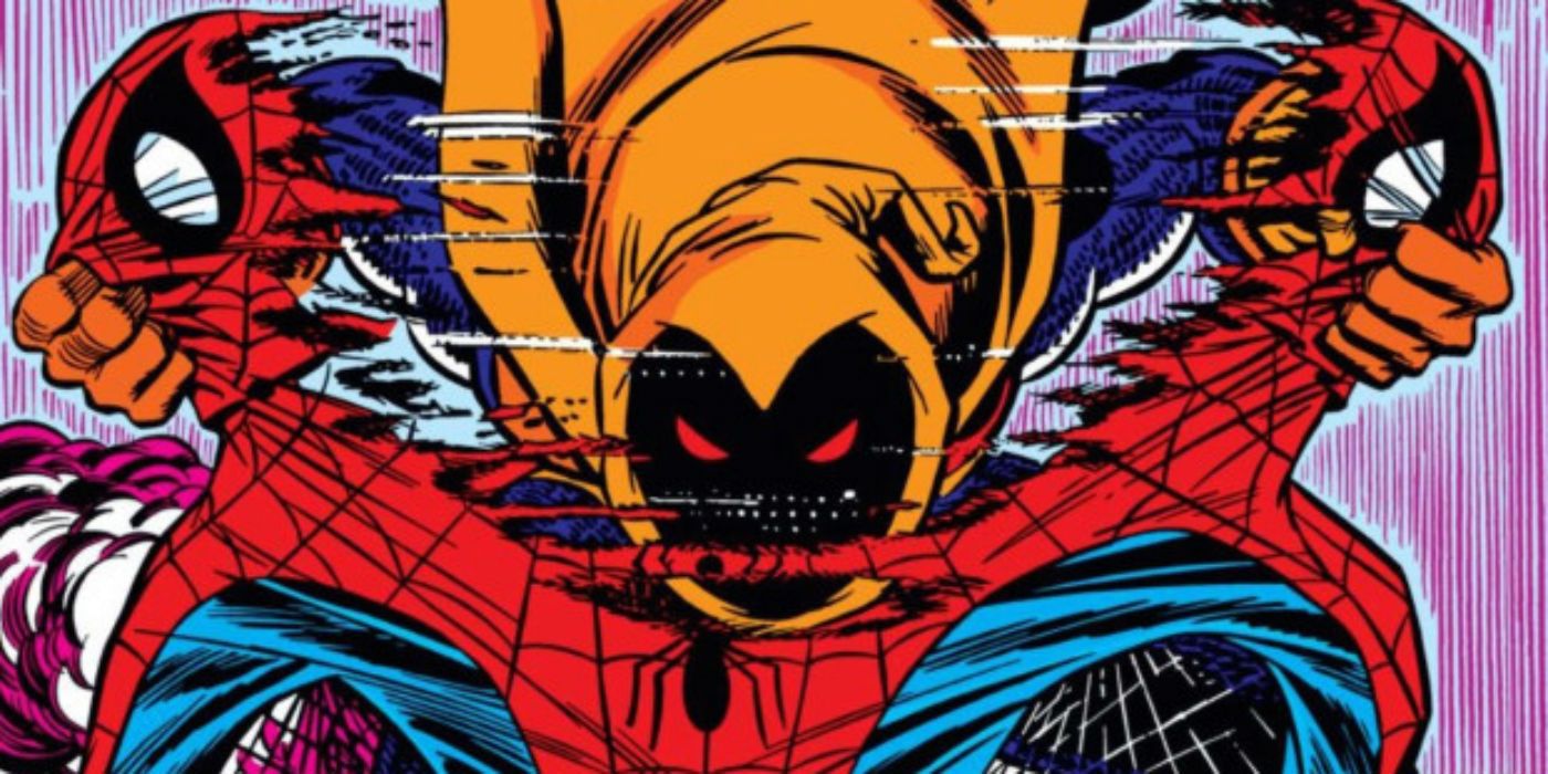Hobgoblin ripping Spider-Man's costume in half