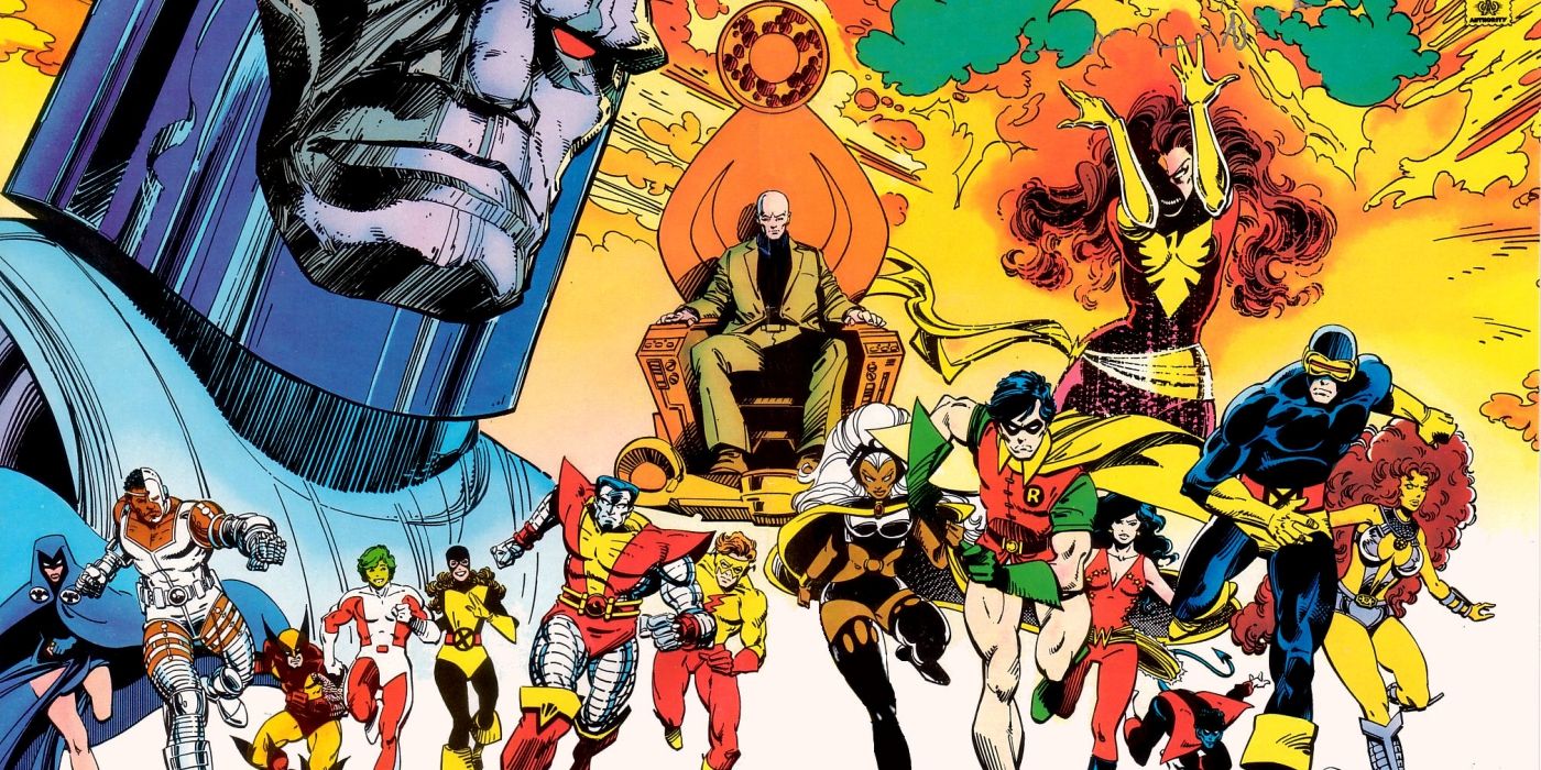 The Uncanny X-Men and New Teen Titans flee from Darkseid and the Dark Phoenix.