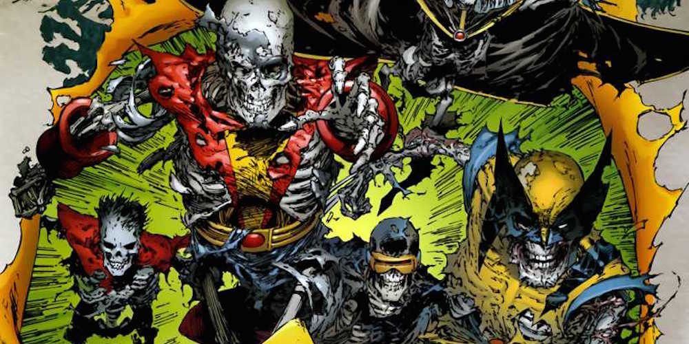 Dead, skeletal versions of the X-Men rush forward in X-Men: Deadly Gensis