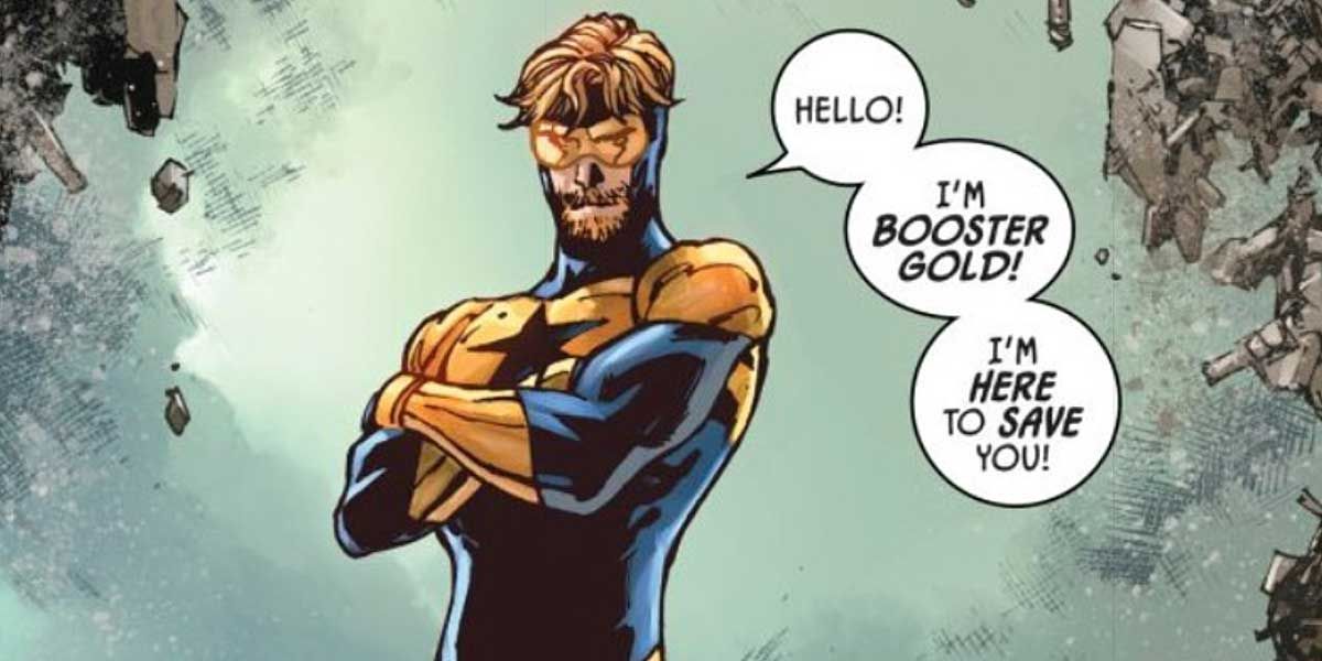 Booster Gold in Batman #46 announcing that he's there to save someone.