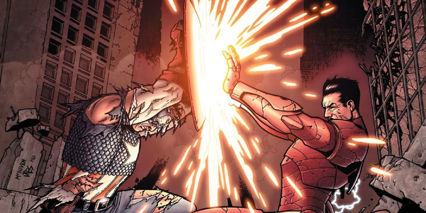 Captain America vs. Iron Man (Tony Stark) in Civil War #7's cover