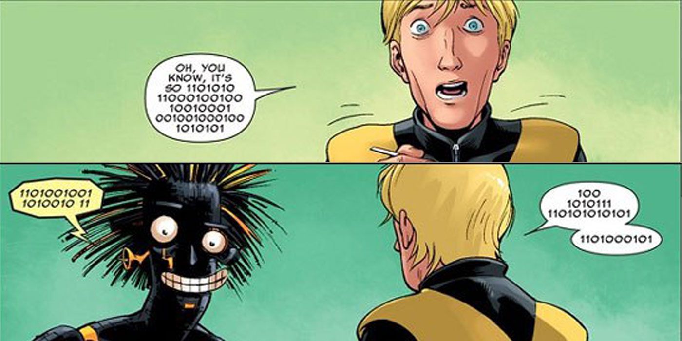 Cypher talking to an alien in Marvel Comics