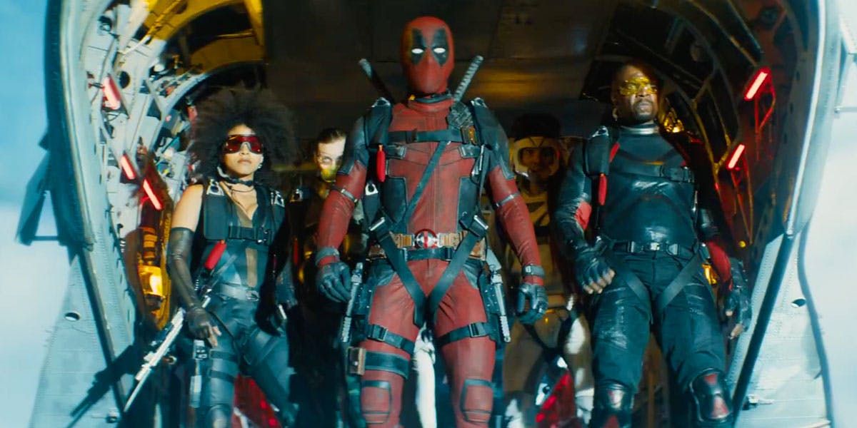 A shot from Deadpool 2 showing the X-Force prepare to go skydiving