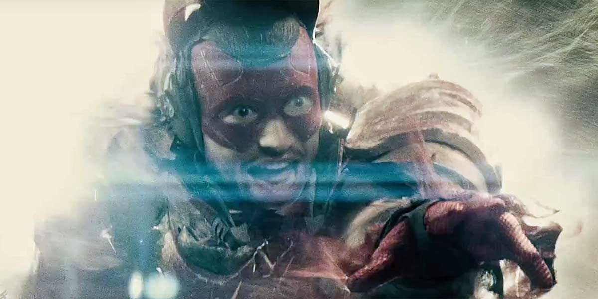 The Flash traveling through time in Batman v Superman, reaching out of portal