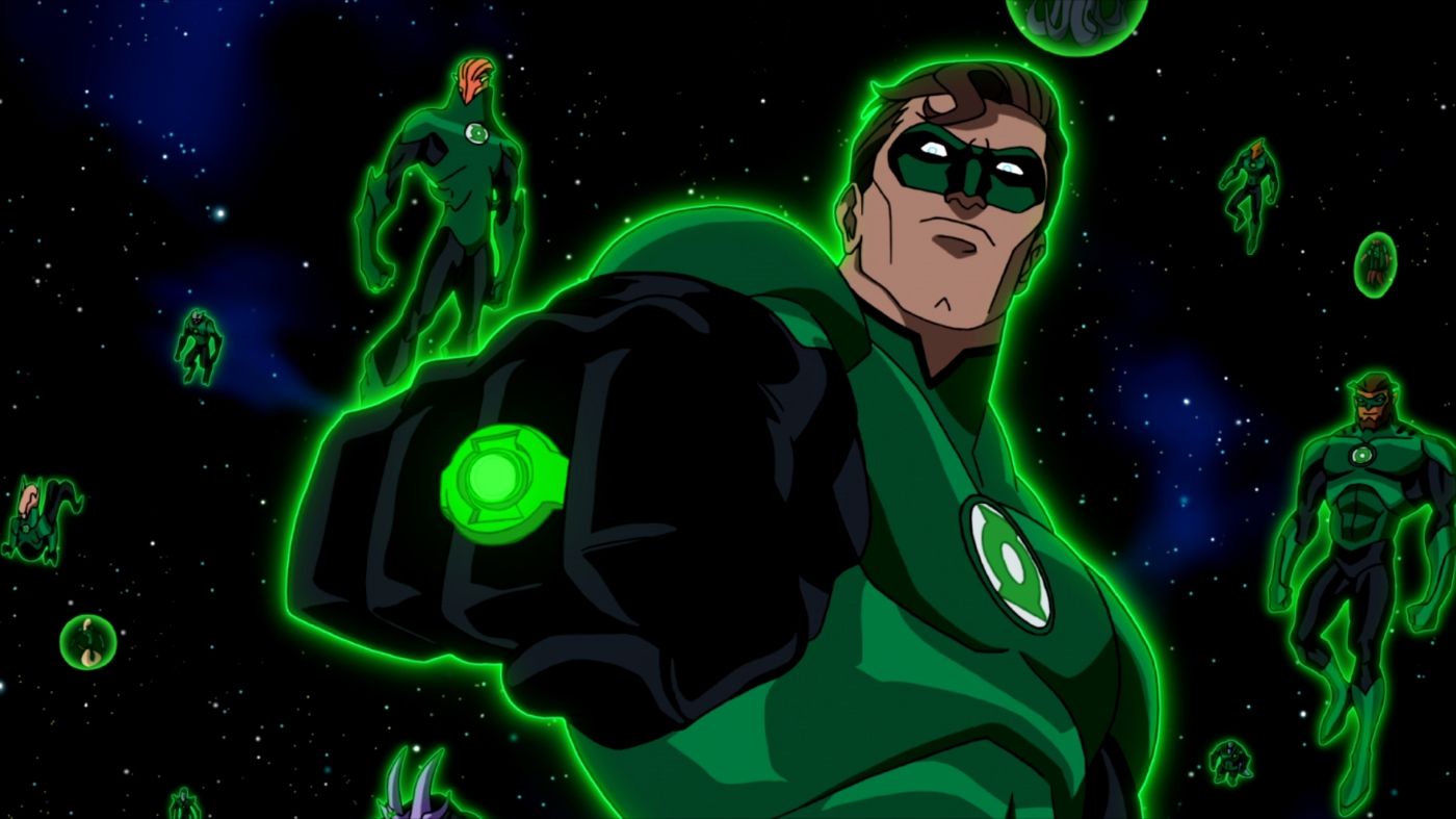 Hal Jordan olha para a câmera cercada por outras lanternas verdes em Cavaleiros Esmeraldos