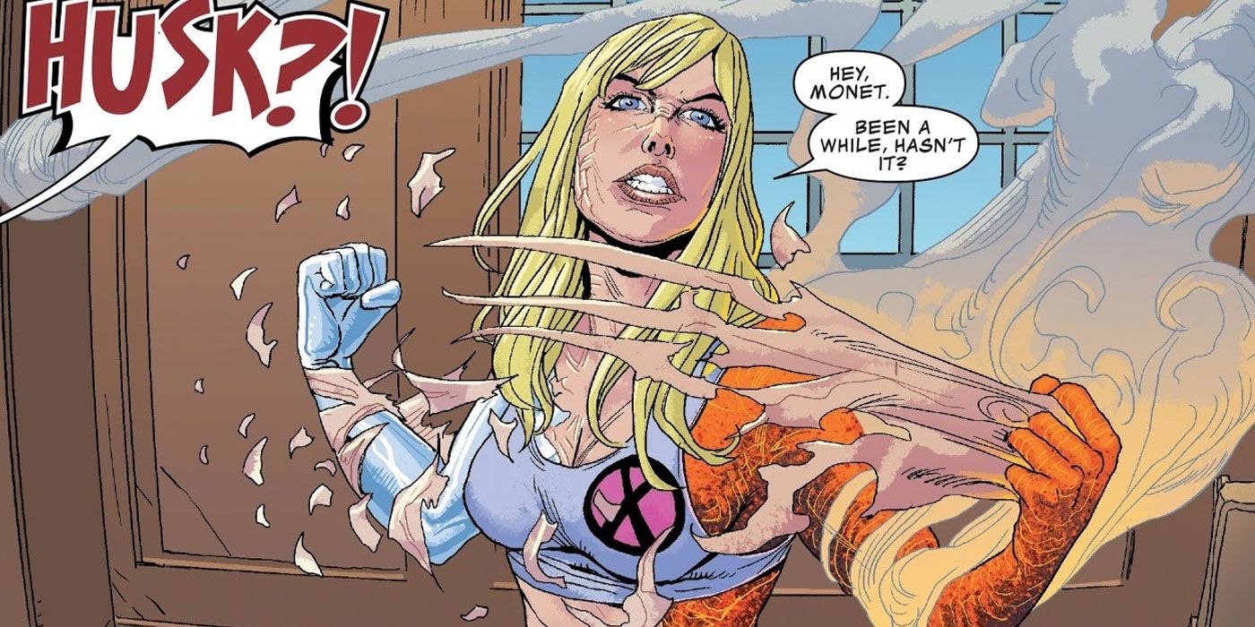 Husk (Paige) ripping off her skin in Marvel Comics panel