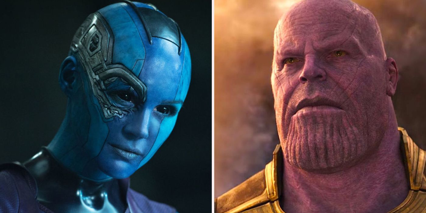Split image of Nebula on the left and Thanos on the right.