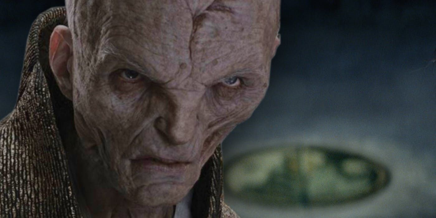A close-up of Snoke leering 
