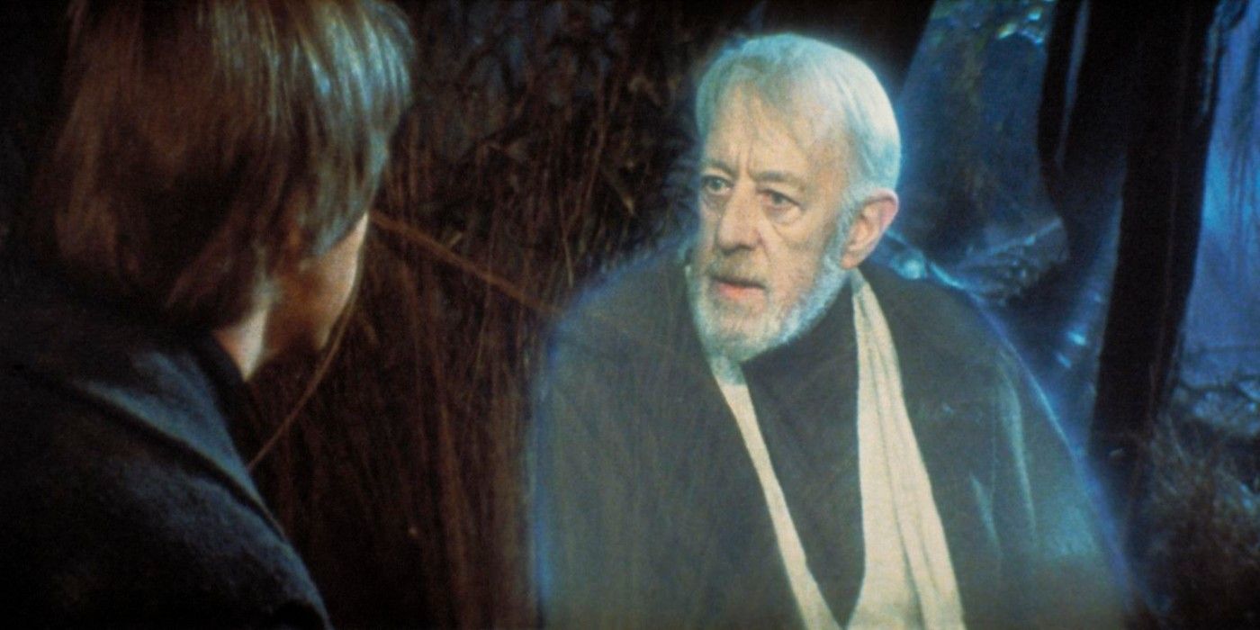 Obi-Wan Kenobi as a Force Ghost taking to Luke Skywalker