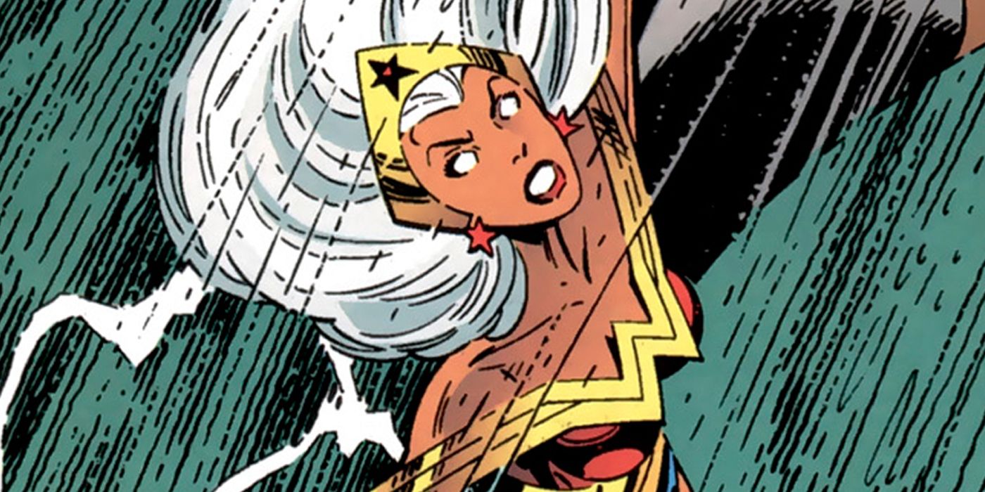 Amazon flies above a roaring ocean in the rain in DC and Marvel's Amalgam comics