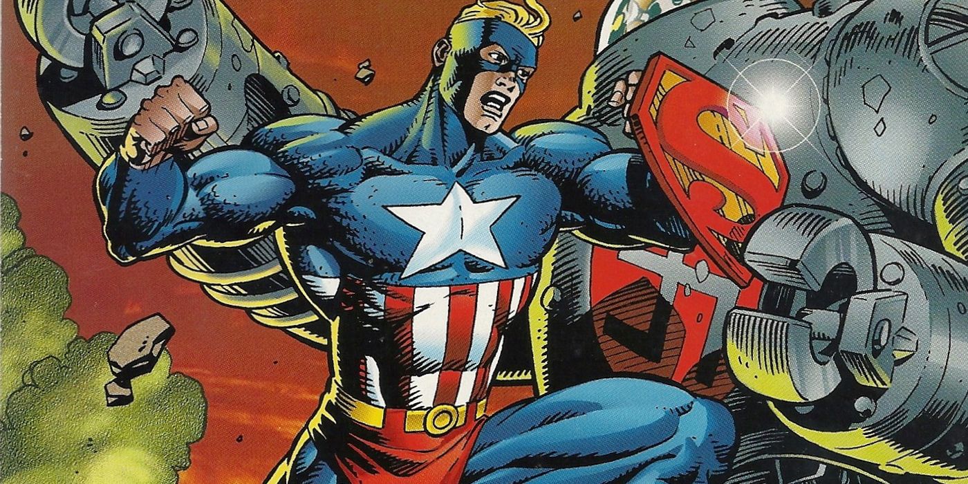 Super Soldier attacks a giant robot in DC and Marvel's Amalgam comics
