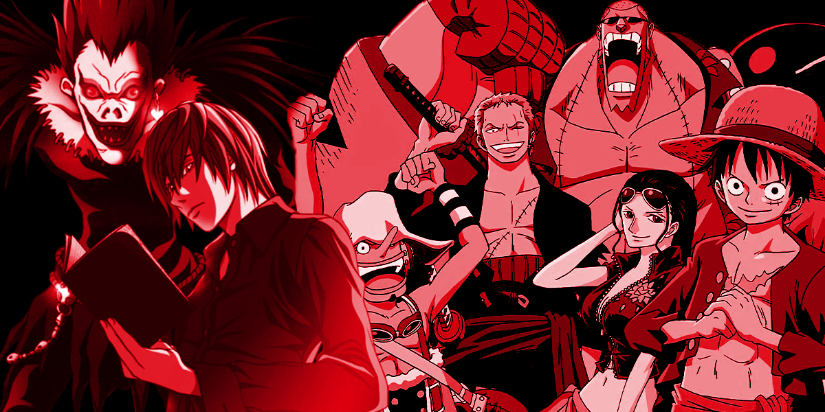 A collage of characters from Death Note and One Piece