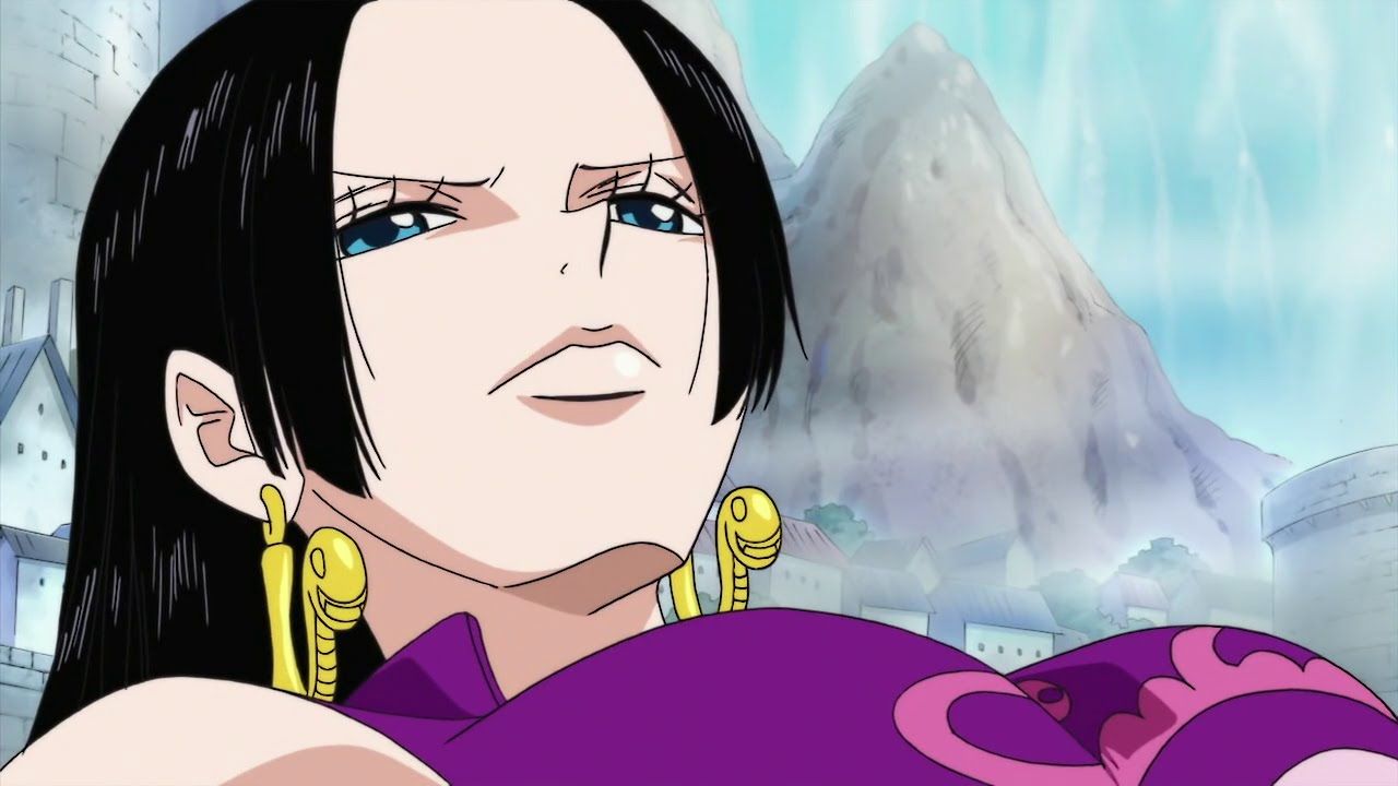 Boa Hancock leans back wearing a violet dress in the One Piece anime