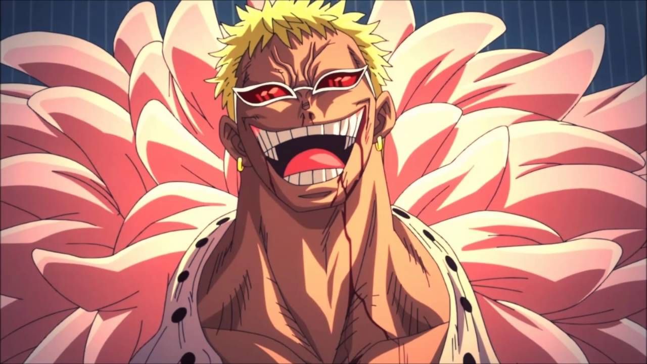 Doflamingo with a wide grin, red eyes beaming