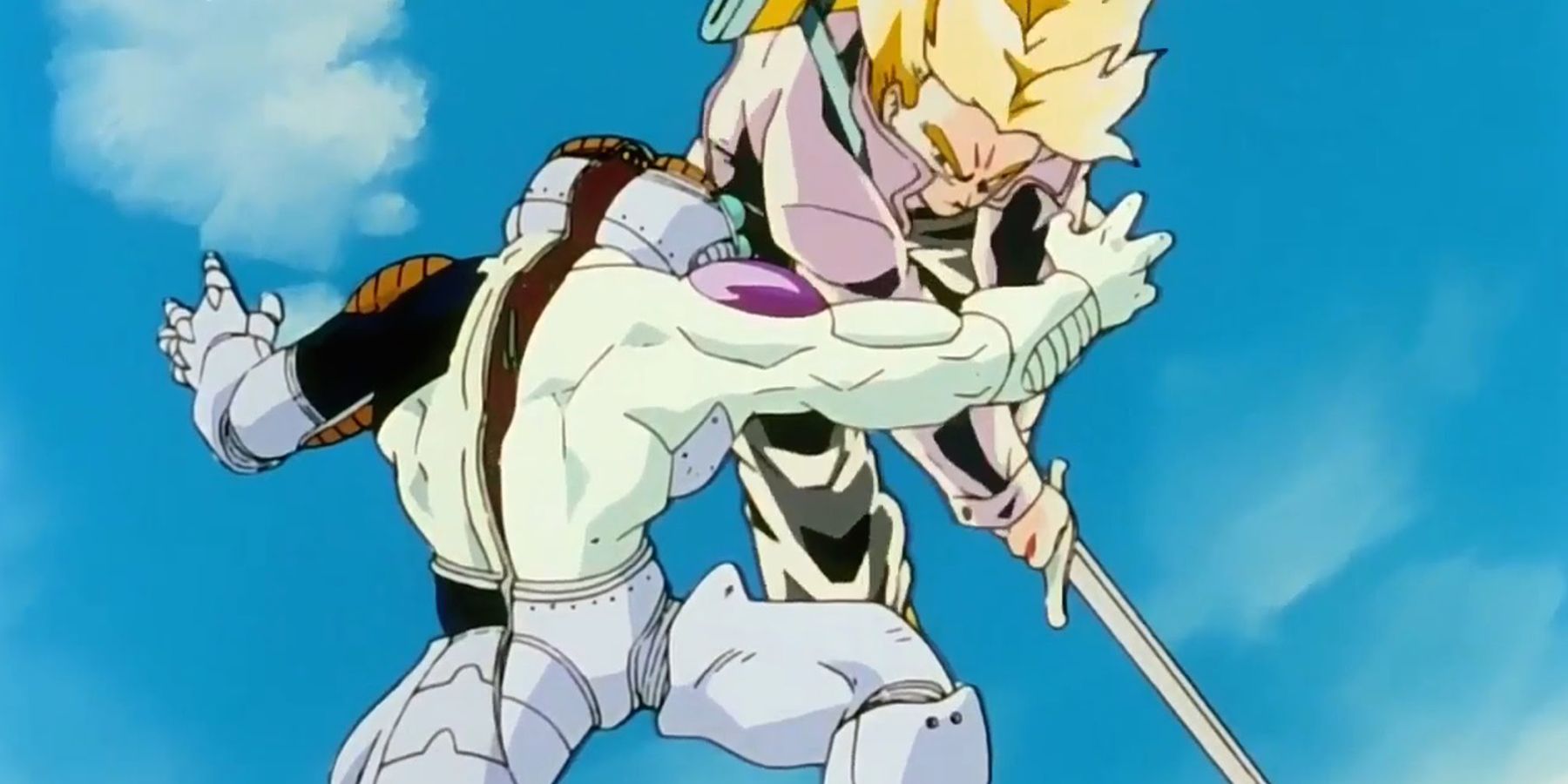 Future Trunks corta Freeza ao meio com sua espada em Dragon Ball Z