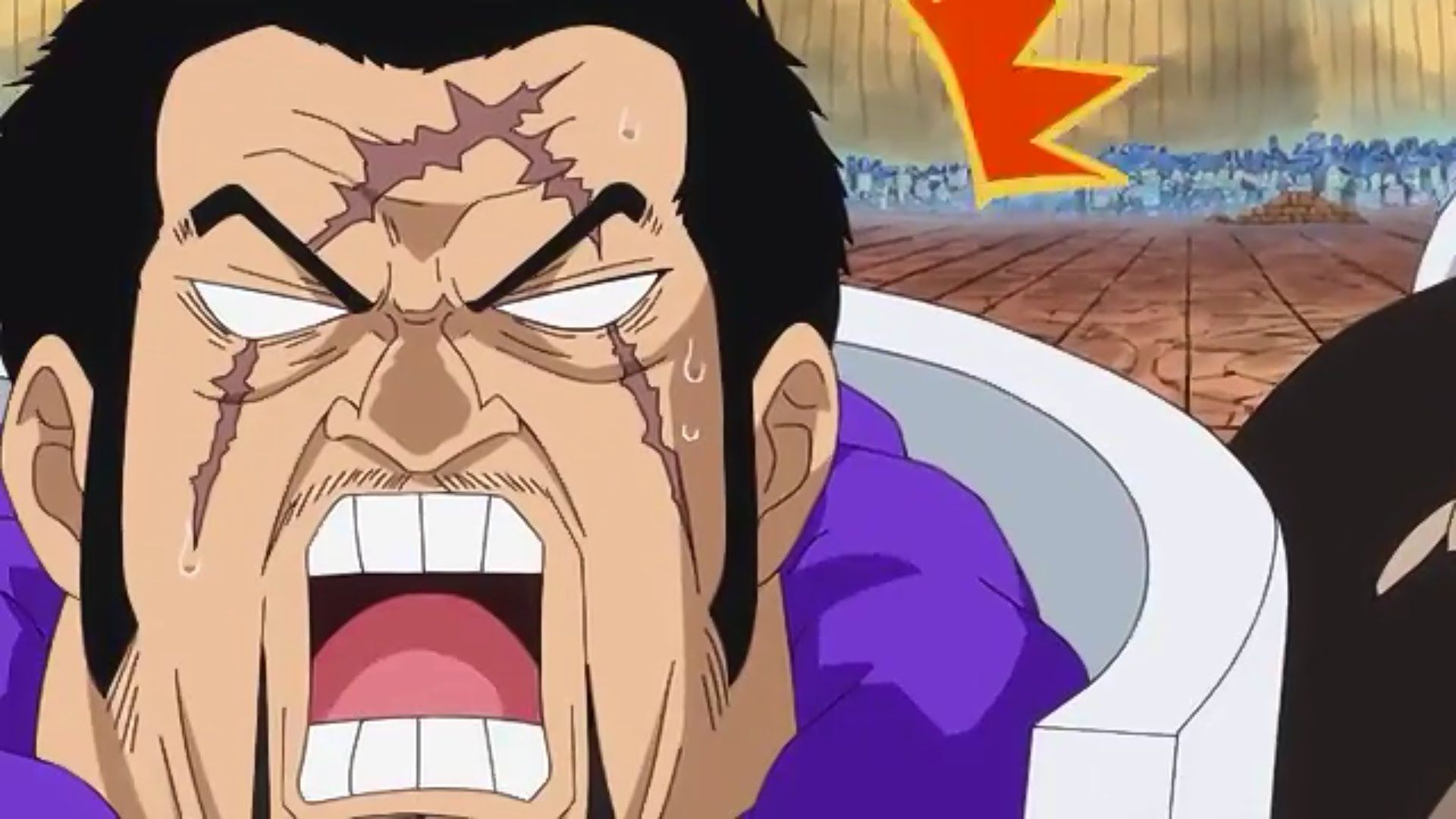 Fujitora's scarred face, mouth wide open in disbelief