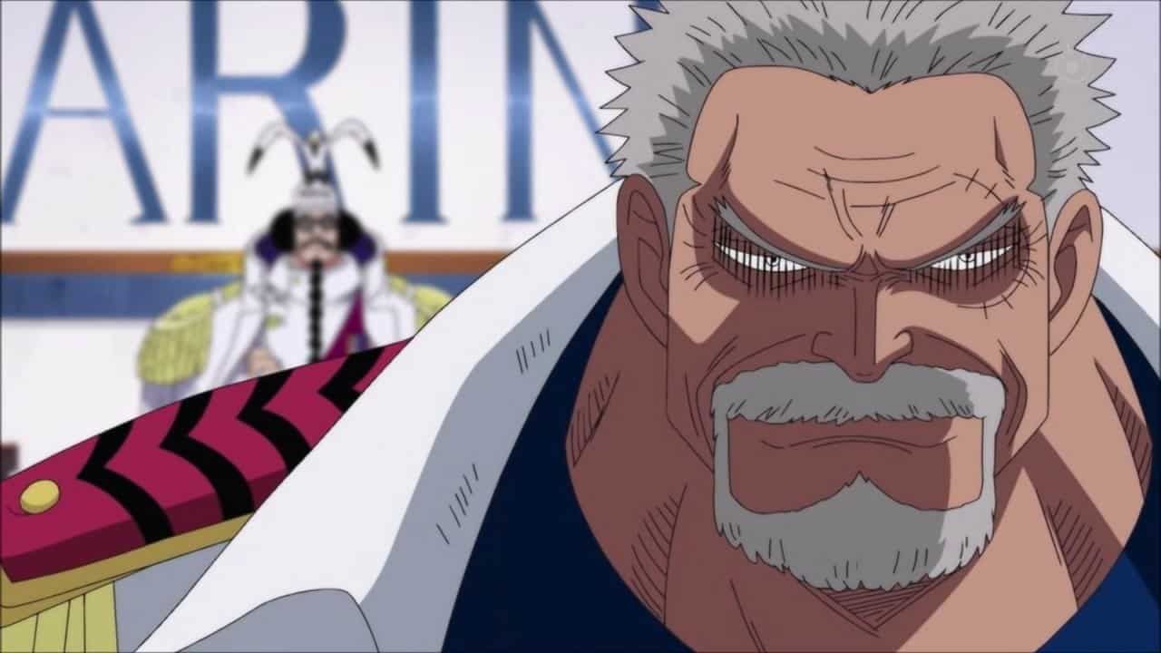 Monkey D Garp standing in front of a Marine sign with a grim expression