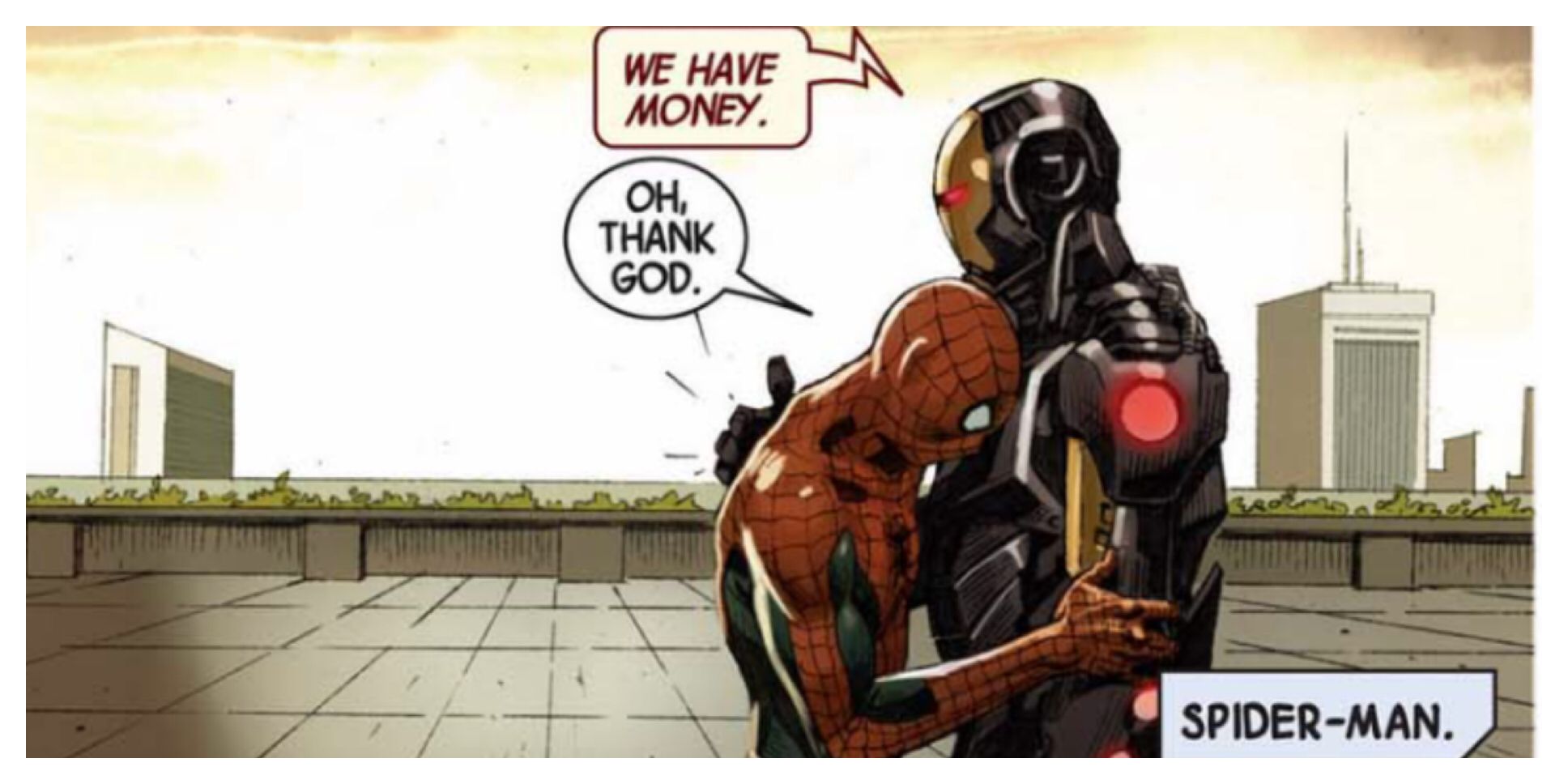 An image of Iron Man consoling Spider-Man, telling him the Avengers have money