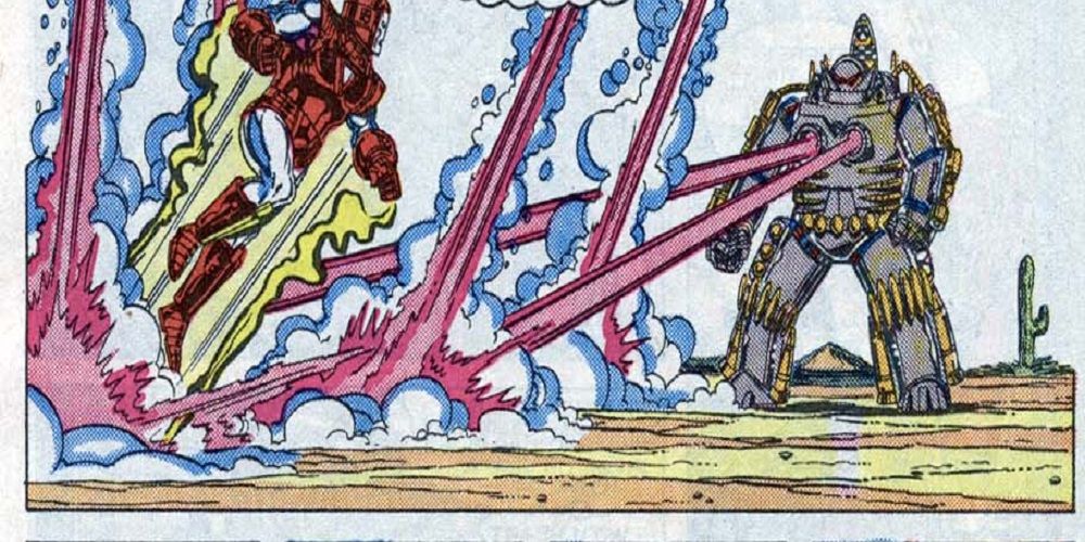 An image of comic art depicting Iron Man battling Firepower