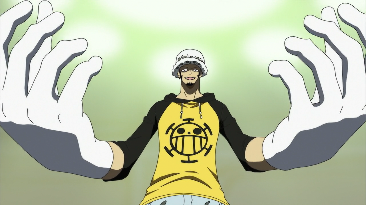 Trafalgar Law holding his large hands out in front of him