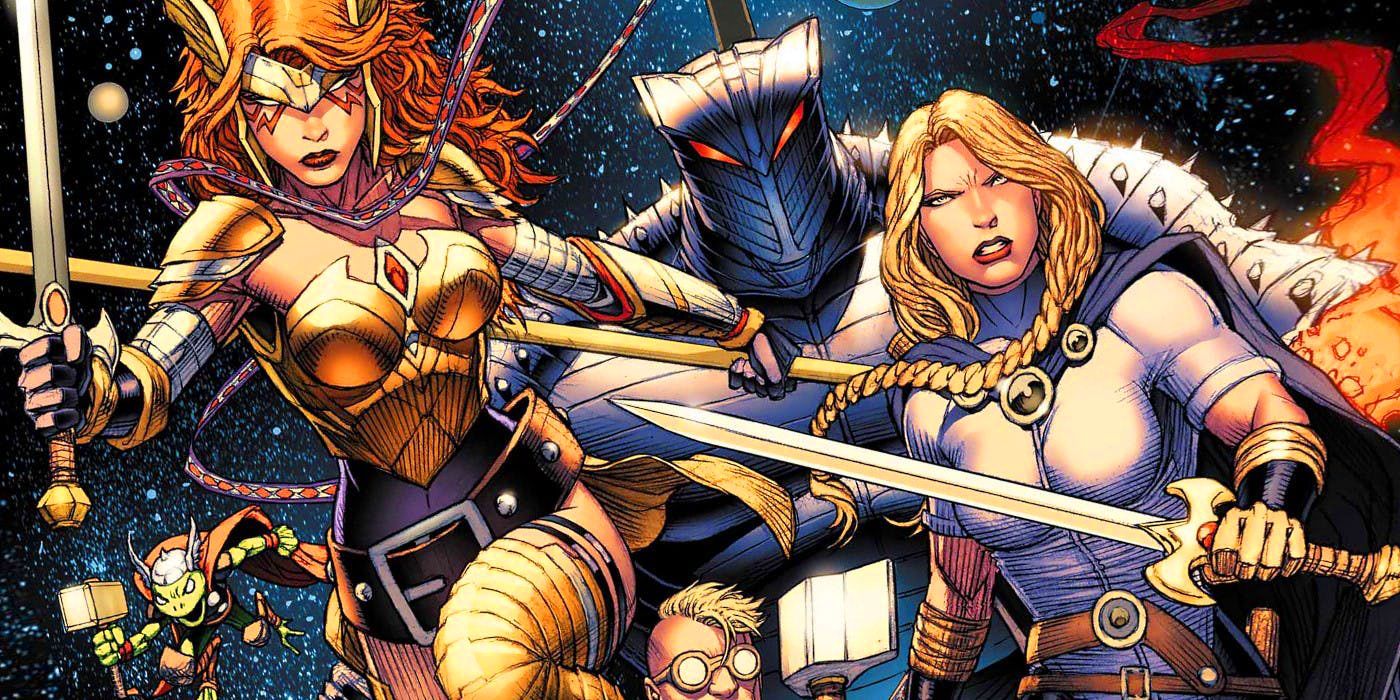 The Asgardians of the Galaxy led by Angela and Valkyrie in Marvel Comics.