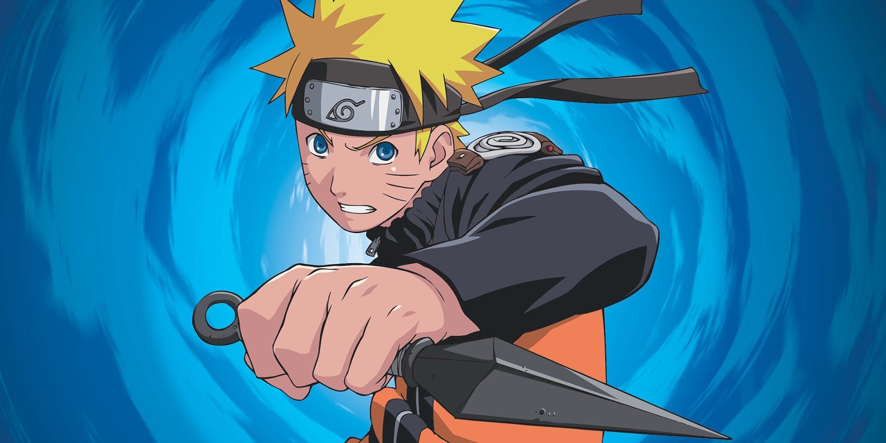 An image of Naruto holding a dagger and standing in front of a blue swirling background